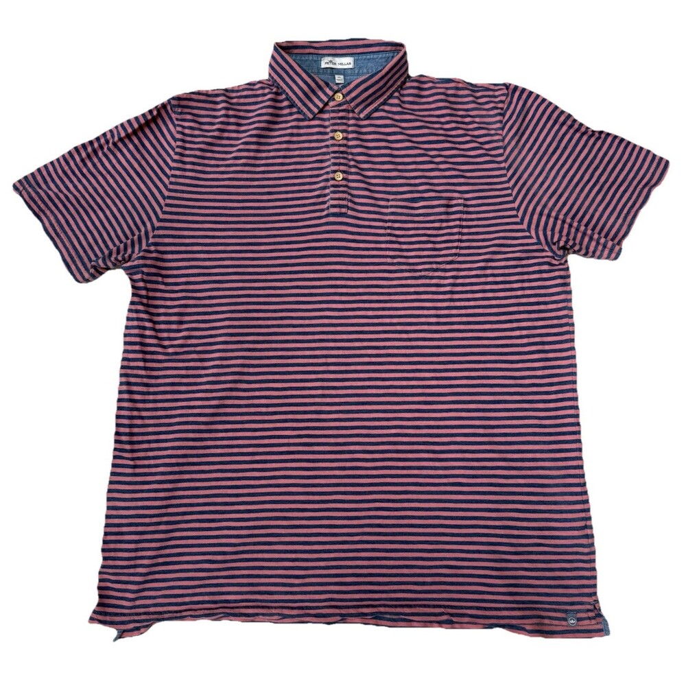 Peter Millar Men's Short Sleeve Polo Shirt Cotton Blue & Pink Striped Size XL